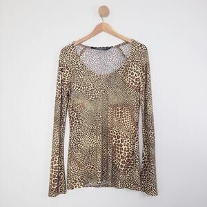 Norma Kamali Leopard Cheetah Print Top L Stretchy Knit Flared Sleeve Animal